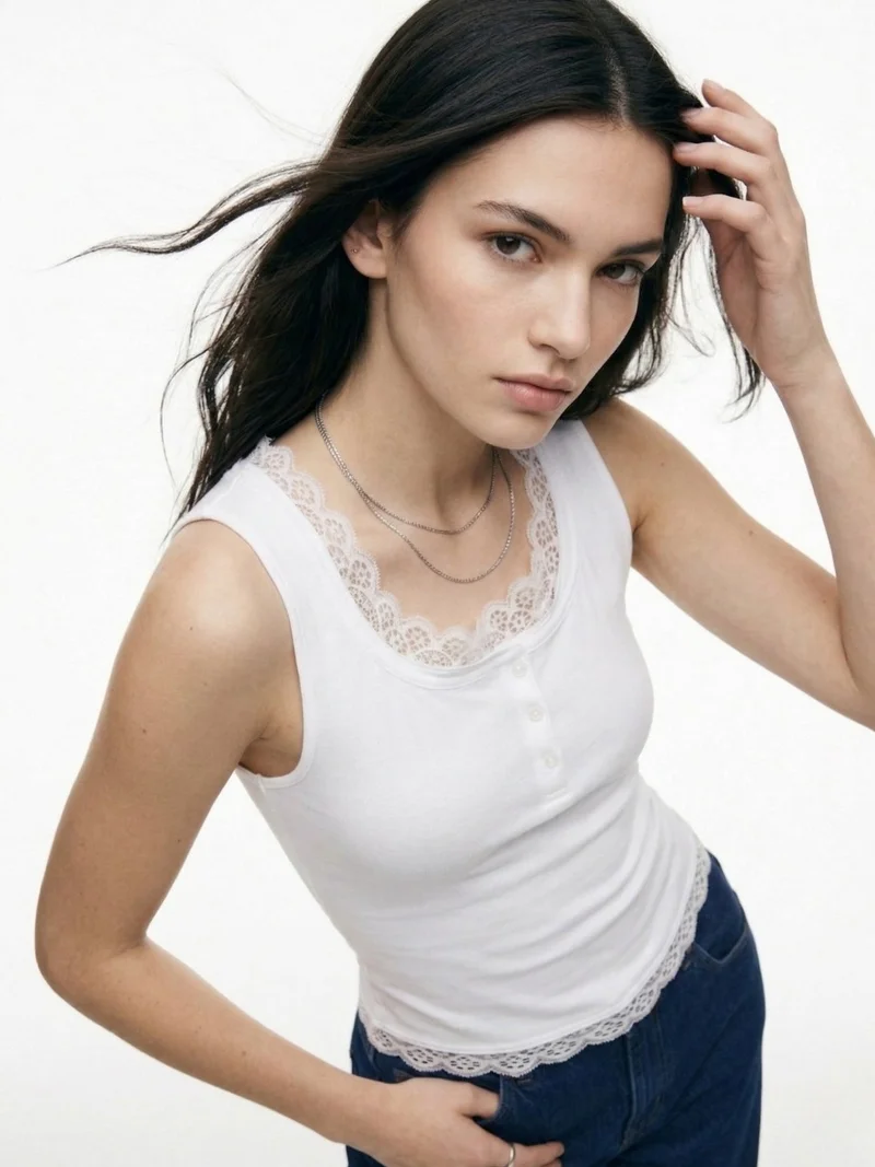 أوجيدر White Ribbed Twofer Tank With Lace Inserts