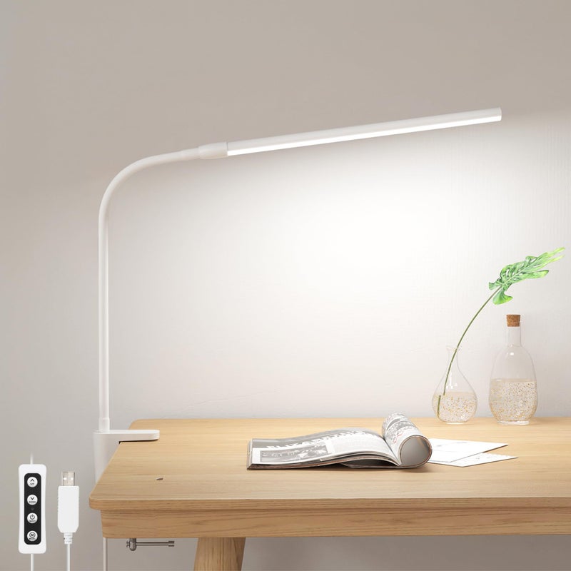 Lepro Small Desk Lamp with Clamp LED Reading Lamps with 450LM 3 Color Modes 10 Brightness Dimmable USB Clip on Desk Light with Gooseneck Swing Arm for Nail Home Office and Dorm White