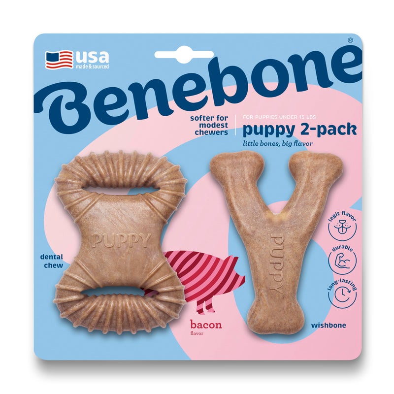 Benebone Puppy 2-Pack Dental Chew/Wishbone Dog Chew Toys, Made in USA, Real Bacon Flavor - Image 1