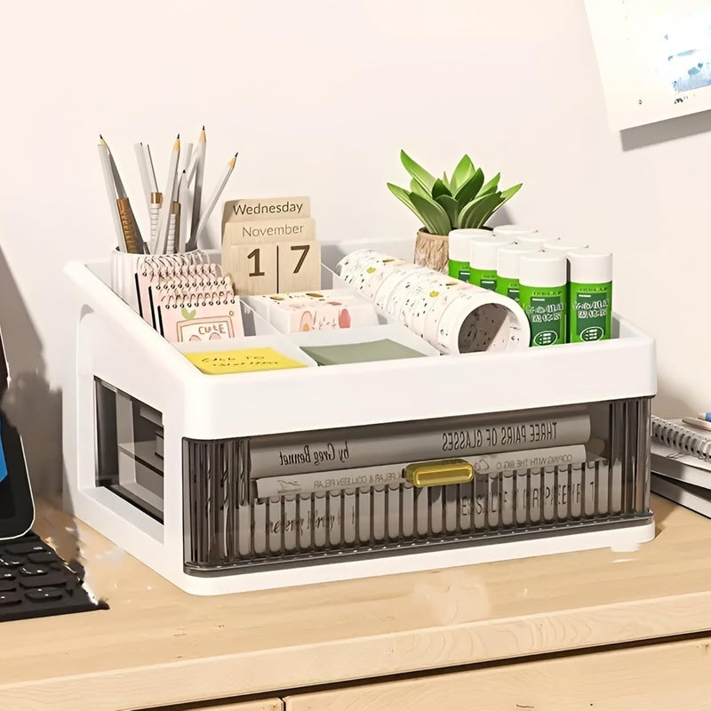 KREPS Desk Makeup Organizer, Plastic Storage Box with Sliding Drawer, Stylish Display Case for Cosmetics, Lotion, Nail Polish,Brushes,and Jewelry (1 - Layer, White) - Image 1