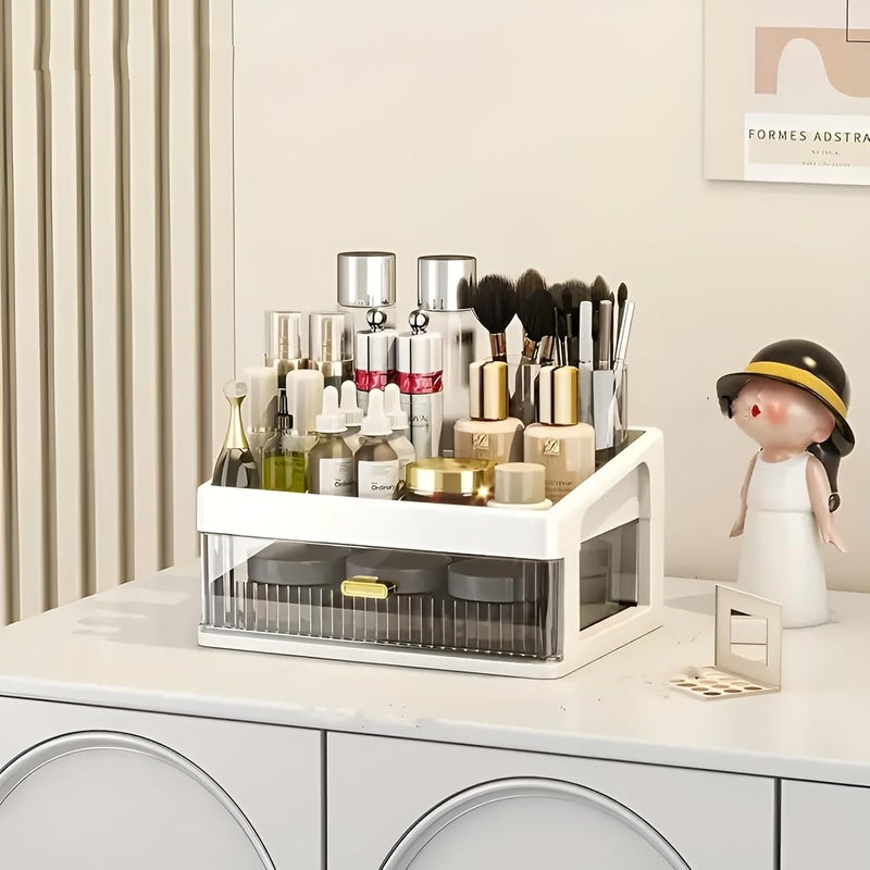 KREPS Desk Makeup Organizer, Plastic Storage Box with Sliding Drawer, Stylish Display Case for Cosmetics, Lotion, Nail Polish,Brushes,and Jewelry (1 - Layer, White) - Image 3