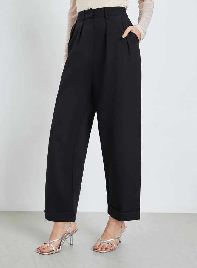 Styli Black Solid Barrel Fit Trousers