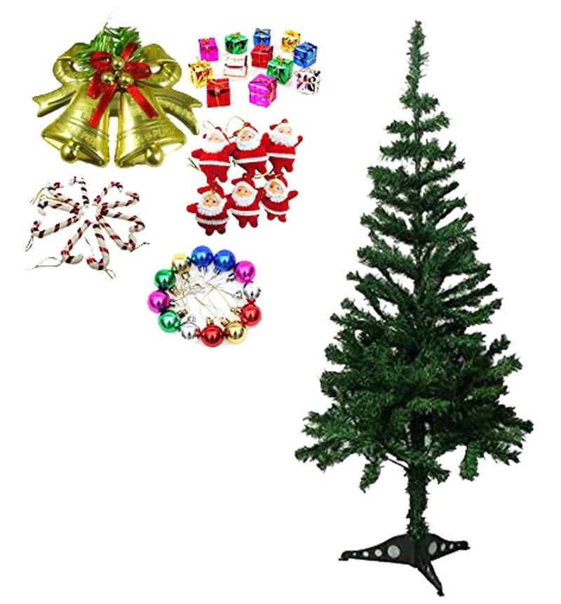 Evisha 4 feet Long Artificial XMass Christmas Tree and One Bell 12 Gift 12 Multi Balls 6 Santa 6 Candy 37 pcs Hangings Ornaments - Image 1