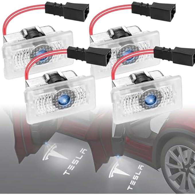 YOUWE7 أضواء باب السيارة، أضواء شعار الإسقاط لسيارات Tesla موديل Y، موديل 3، موديل XS، دمج UltraBrights، أضواء ترحيبية، أضواء باب LED لا تتلاشى أبدًا مع كابل تمديد، عبوة من 4 قطع - Image 1