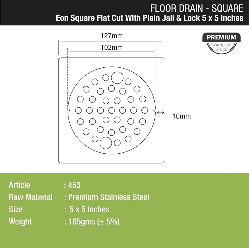 LIPKA Eon Square Flat Cut with Plain Jali Floor Drain Premium Stainless Steel 5 x 5 Inches with Lock - Image 2