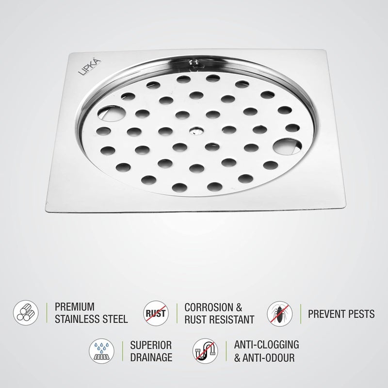 LIPKA Eon Square Flat Cut with Plain Jali Floor Drain Premium Stainless Steel 5 x 5 Inches with Lock - Image 4