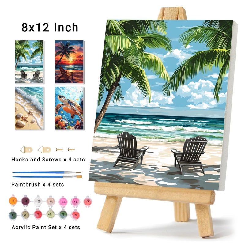 obterie 4 Pack Framed Paint by Numbers Kit for Adults Beginner Canvas Painting by Numbers for Adults Beach Easy Adult Paint by Number Kits with Frame Sea Turtle Watercolor Painting by Number 8x12 Inch - Image 2