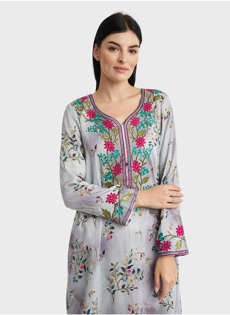 KASHKHA Cotton Floral Print Embroidered Jalabiya