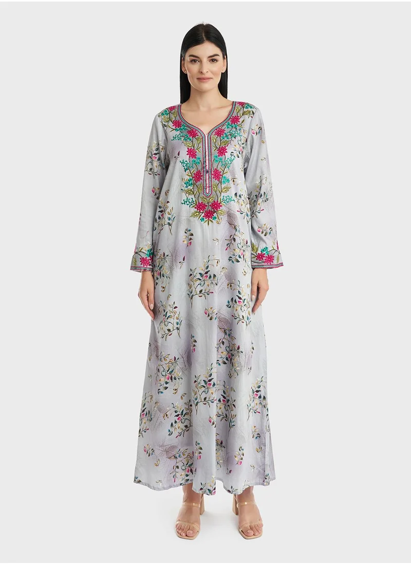 KASHKHA Cotton Floral Print Embroidered Jalabiya