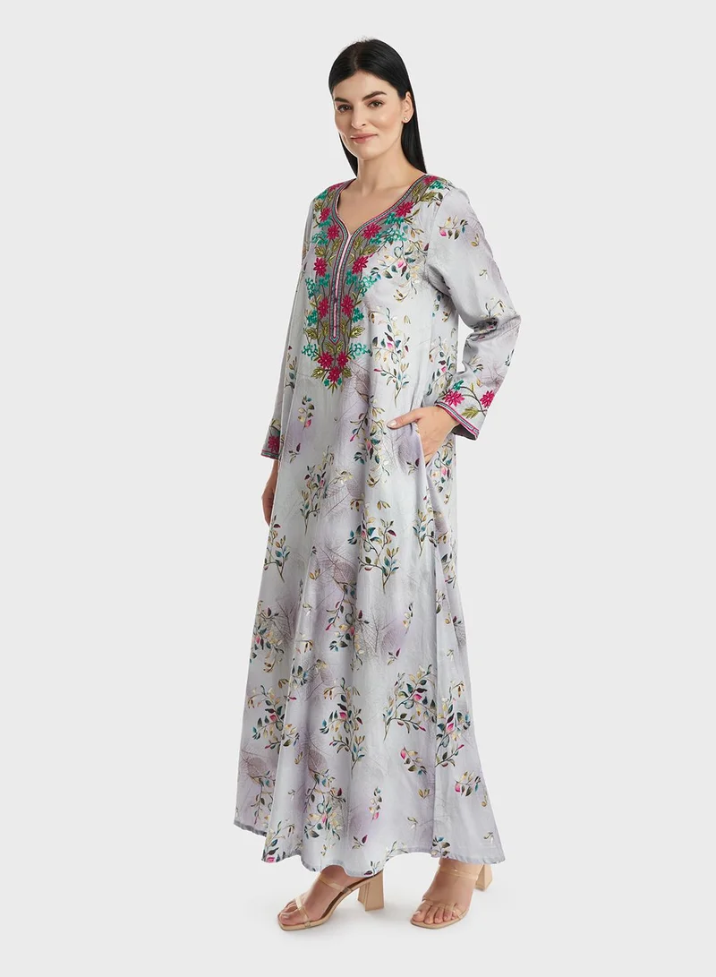KASHKHA Cotton Floral Print Embroidered Jalabiya