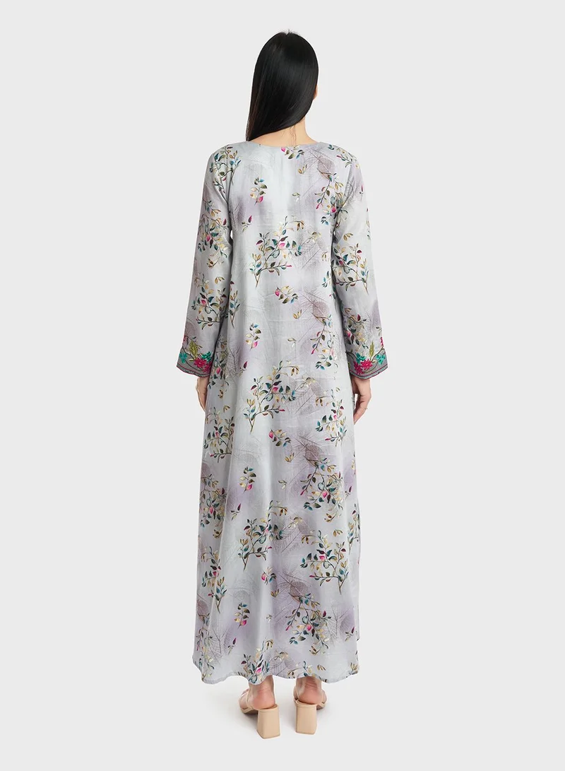 KASHKHA Cotton Floral Print Embroidered Jalabiya