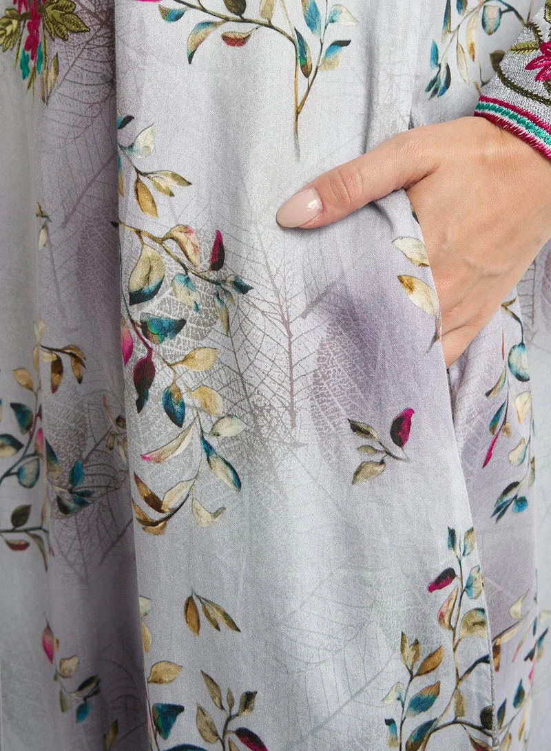 KASHKHA Cotton Floral Print Embroidered Jalabiya