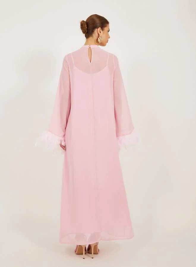 Styli Plain Faux Feather Trim Shift Maxi Dress
