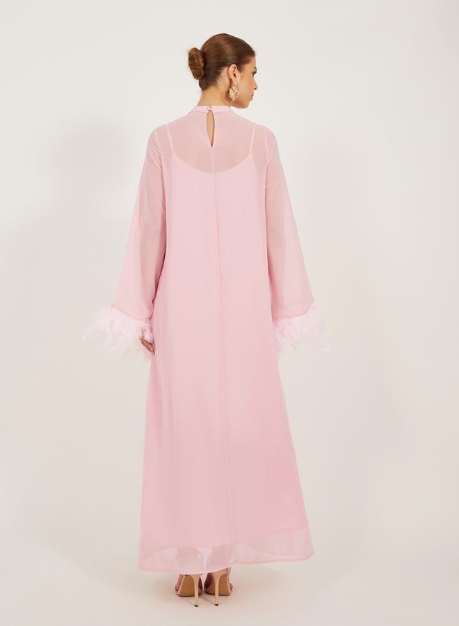 Styli Plain Faux Feather Trim Shift Maxi Dress  - Image 4