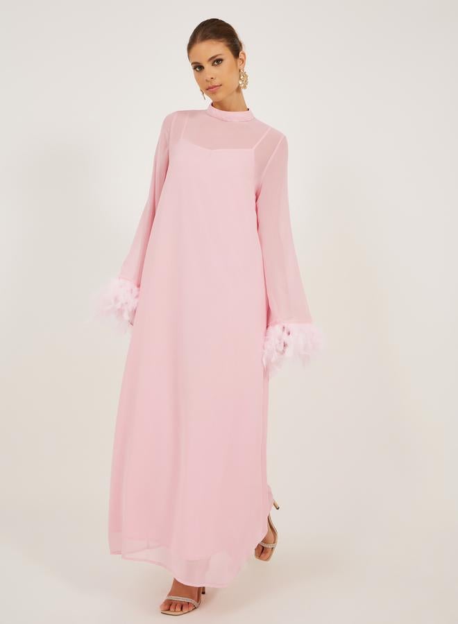 Styli Plain Faux Feather Trim Shift Maxi Dress  - Image 1