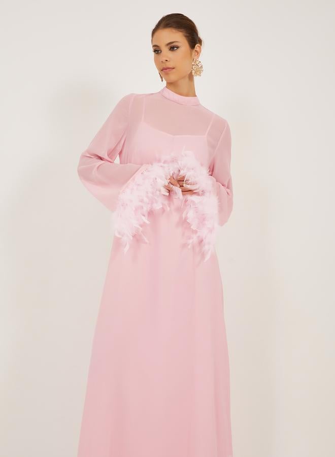 Styli Plain Faux Feather Trim Shift Maxi Dress  - Image 2