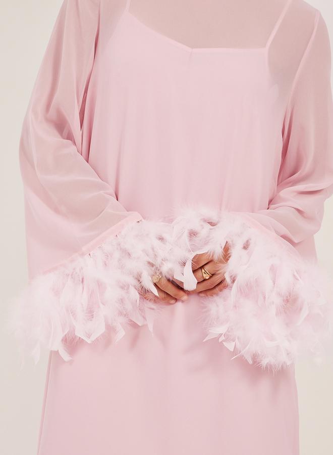 Styli Plain Faux Feather Trim Shift Maxi Dress  - Image 3