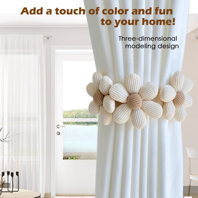 SRG Sunflower Curtain Tiebacks-2 Pack | Daisy Curtain Holdbacks Three Flower | Curtain Tiebacks Boho | Japanese Curtain Ties | Cute Flower Curtain Ties Decorative for Bedroom Window Treatment ï¼ˆCreamï¼‰ - Image 2
