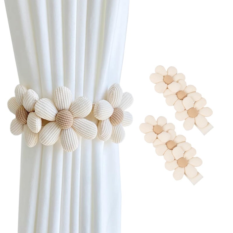 SRG Sunflower Curtain Tiebacks-2 Pack | Daisy Curtain Holdbacks Three Flower | Curtain Tiebacks Boho | Japanese Curtain Ties | Cute Flower Curtain Ties Decorative for Bedroom Window Treatment ï¼ˆCreamï¼‰ - Image 1