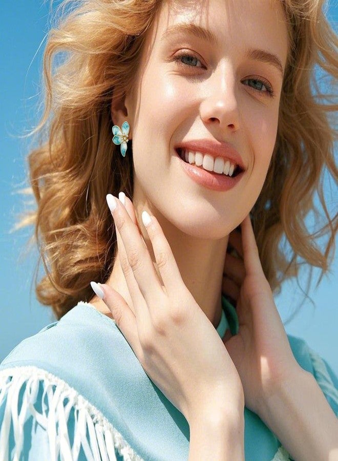 FANZE Irregular Petals Statement Earrings for Women, Blue Flower Cute Floral Rhinestone Enamel Earring Stud Trendy Hypoallergenic Vintage Delicate Lightweight Elegant Jewelry Gift - Image 4