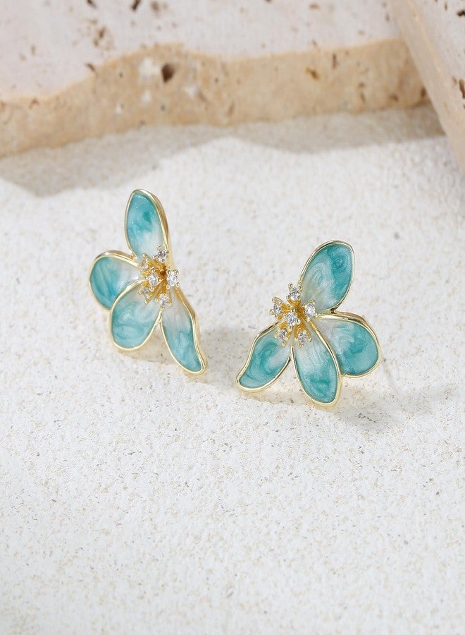 FANZE Irregular Petals Statement Earrings for Women, Blue Flower Cute Floral Rhinestone Enamel Earring Stud Trendy Hypoallergenic Vintage Delicate Lightweight Elegant Jewelry Gift - Image 5