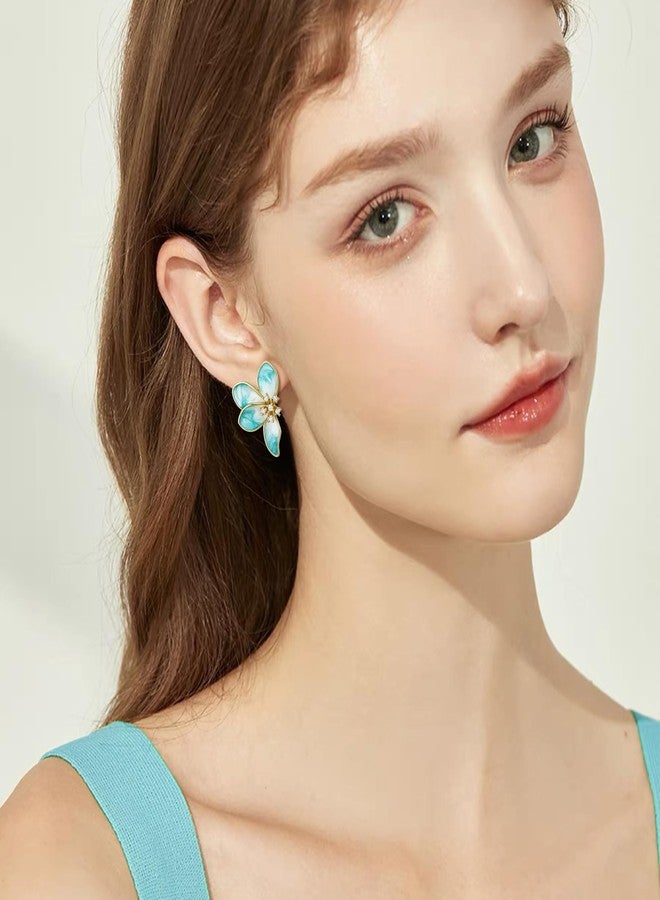 FANZE Irregular Petals Statement Earrings for Women, Blue Flower Cute Floral Rhinestone Enamel Earring Stud Trendy Hypoallergenic Vintage Delicate Lightweight Elegant Jewelry Gift - Image 3