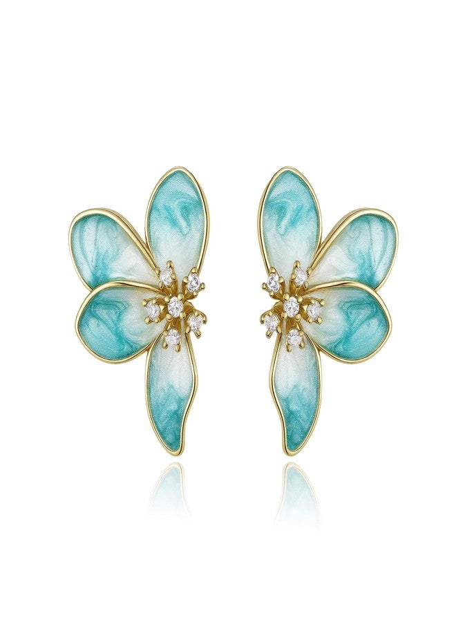 FANZE Irregular Petals Statement Earrings for Women, Blue Flower Cute Floral Rhinestone Enamel Earring Stud Trendy Hypoallergenic Vintage Delicate Lightweight Elegant Jewelry Gift - Image 1