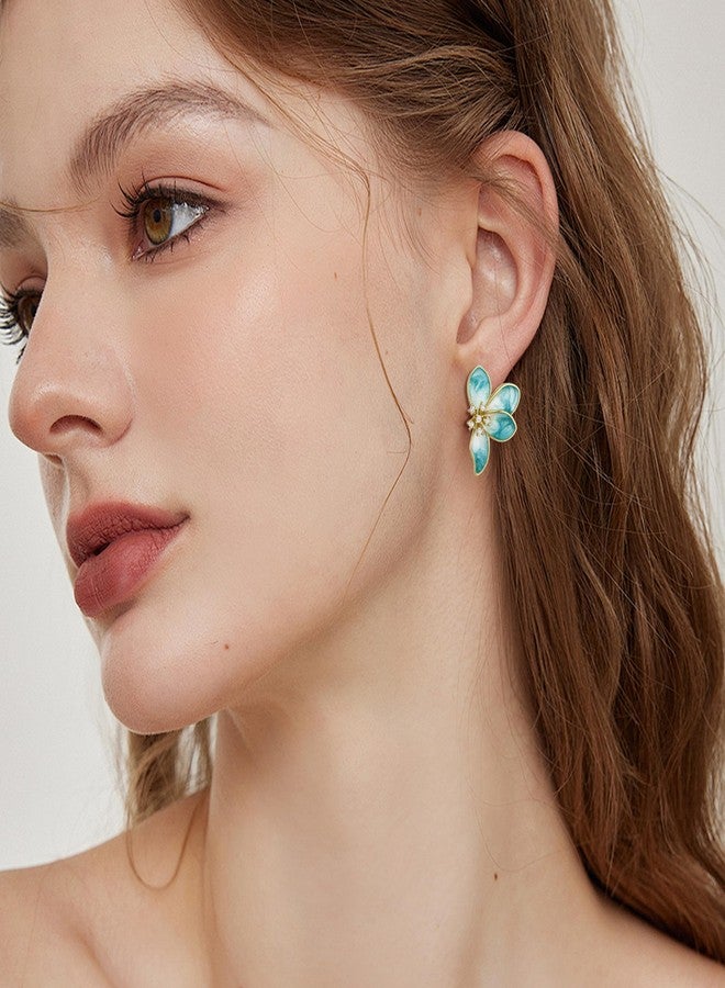FANZE Irregular Petals Statement Earrings for Women, Blue Flower Cute Floral Rhinestone Enamel Earring Stud Trendy Hypoallergenic Vintage Delicate Lightweight Elegant Jewelry Gift - Image 2