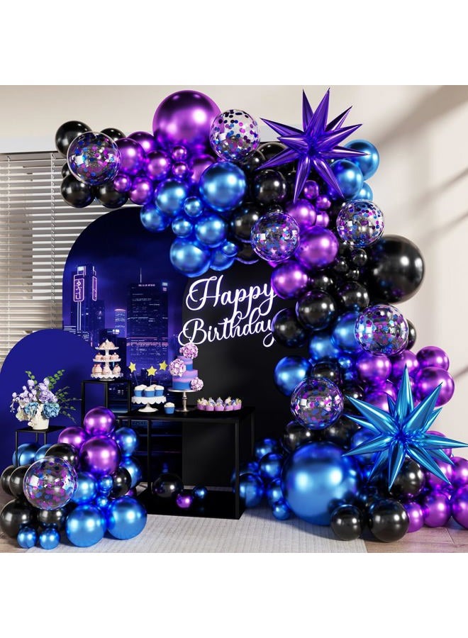 LANGASQUE Black Purple Blue Balloon Garland Arch Kit, 140Pcs Metallic Blue Purple Teal Balloons Confetti Balloons with Stars for Fun Play Party Decorations Baby Shower Engagement Birthday Party Decorations - Image 1