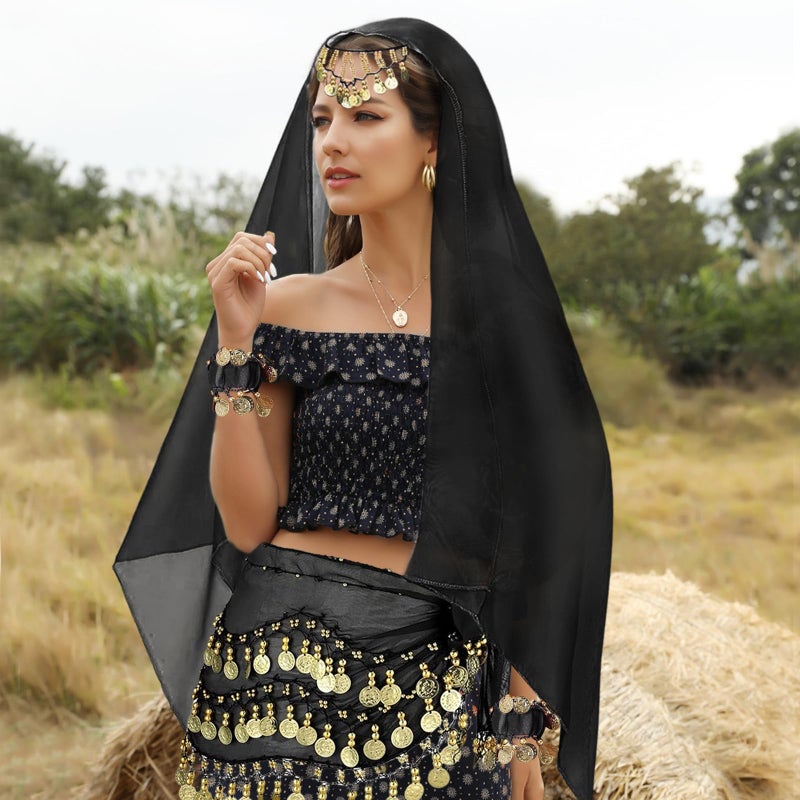 WYVAS 4 Pcs Belly Dance Outfit Sets, Belly Dance Chiffon Hip Scarf & Head Scarf with Gold Coins, 1 Pair Coin Wrist Bracelet, 50 Pcs Bobby Pins, for Women Birthday Carnival Costume Accessory (Black) - Image 4
