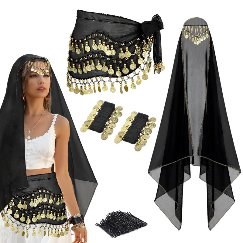 WYVAS 4 Pcs Belly Dance Outfit Sets, Belly Dance Chiffon Hip Scarf & Head Scarf with Gold Coins, 1 Pair Coin Wrist Bracelet, 50 Pcs Bobby Pins, for Women Birthday Carnival Costume Accessory (Black) - Image 1