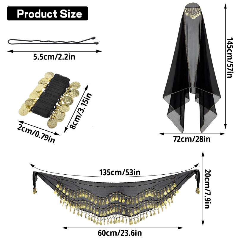 WYVAS 4 Pcs Belly Dance Outfit Sets, Belly Dance Chiffon Hip Scarf & Head Scarf with Gold Coins, 1 Pair Coin Wrist Bracelet, 50 Pcs Bobby Pins, for Women Birthday Carnival Costume Accessory (Black) - Image 2