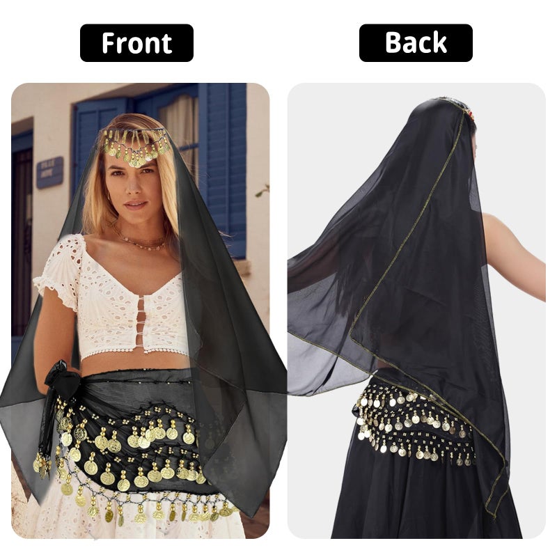 WYVAS 4 Pcs Belly Dance Outfit Sets, Belly Dance Chiffon Hip Scarf & Head Scarf with Gold Coins, 1 Pair Coin Wrist Bracelet, 50 Pcs Bobby Pins, for Women Birthday Carnival Costume Accessory (Black) - Image 5