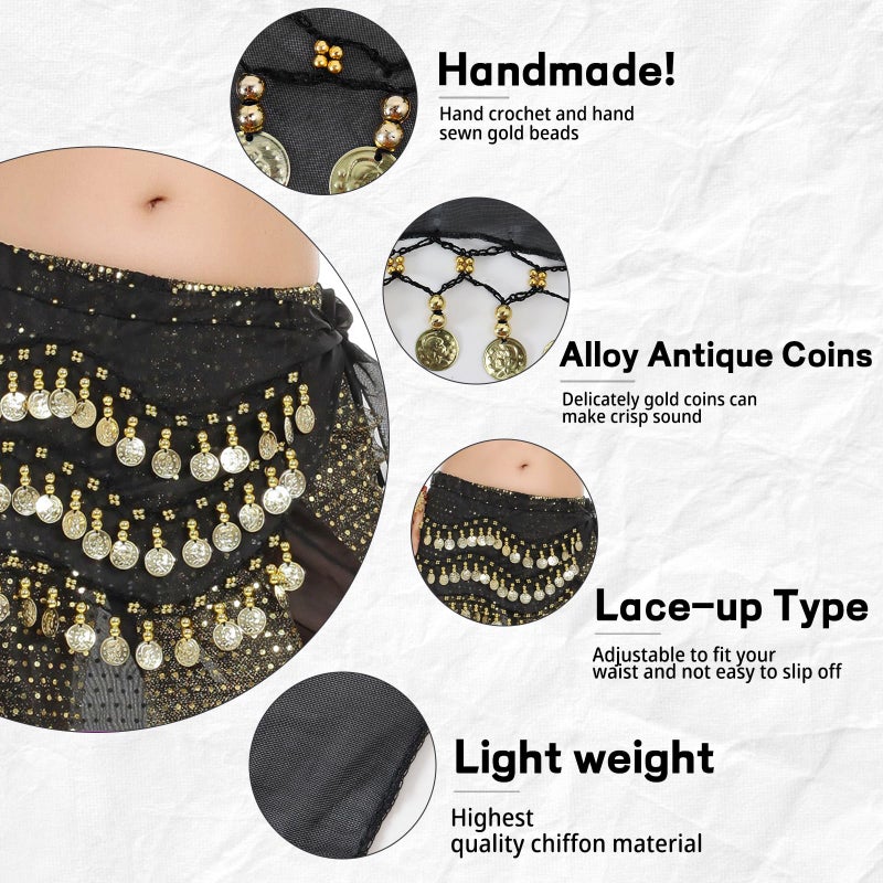 WYVAS 4 Pcs Belly Dance Outfit Sets, Belly Dance Chiffon Hip Scarf & Head Scarf with Gold Coins, 1 Pair Coin Wrist Bracelet, 50 Pcs Bobby Pins, for Women Birthday Carnival Costume Accessory (Black) - Image 3