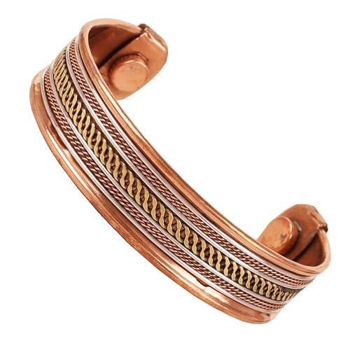 Touchstone Copper Magnetic Hand Forged With Solid And High Gauge Tibetan Style Spiral Wires Minimalistic Elegance Pure Copper Bracelet In Triple Tones. - Image 1