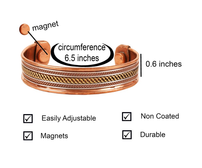 Touchstone Copper Magnetic Hand Forged With Solid And High Gauge Tibetan Style Spiral Wires Minimalistic Elegance Pure Copper Bracelet In Triple Tones. - Image 3