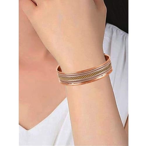 Touchstone Copper Magnetic Hand Forged With Solid And High Gauge Tibetan Style Spiral Wires Minimalistic Elegance Pure Copper Bracelet In Triple Tones. - Image 2