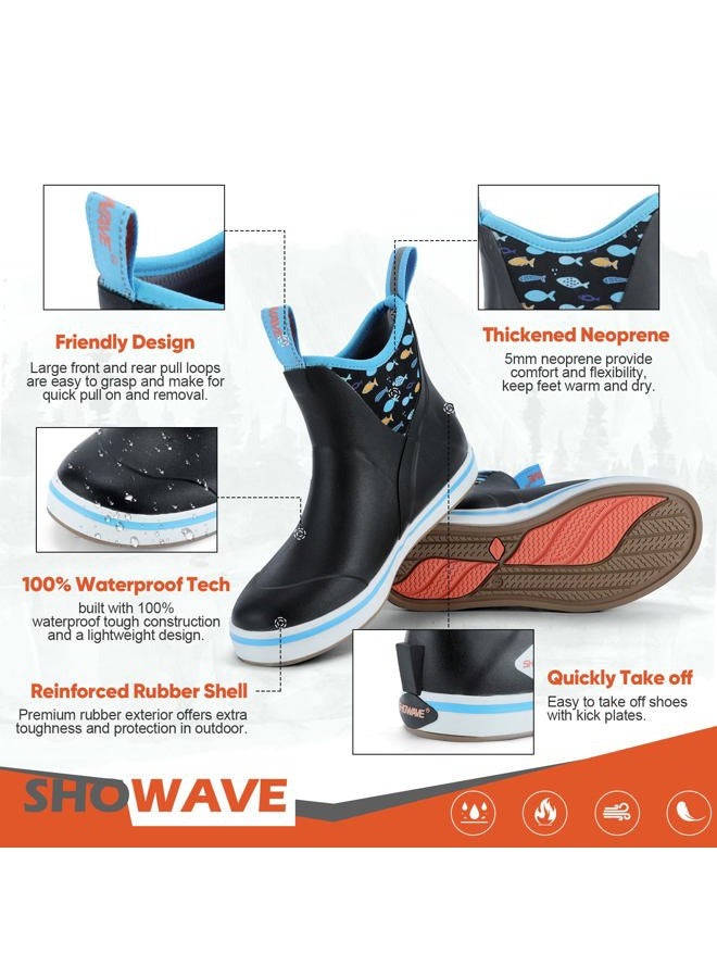 Showave Women's Deck Boots Waterproof Ankle Rain Boots Comfort Sports Boat Booties Non-slip Rubber Boots, Black Fish - Image 5