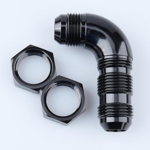 AC PERFORMANCE Aluminum 90 Degree -10AN to -10 AN One Piece Full Flow Male Flare Bulkhead Fuel Fitting with AN10 Bulkhead Nut, Black - Image 1