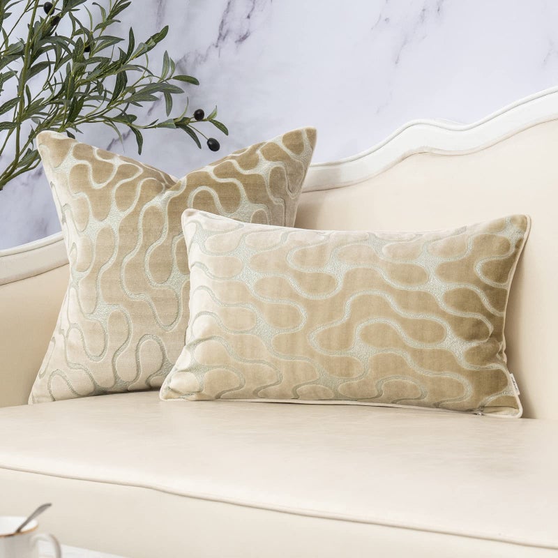 Yangest Beige Square Throw Pillow Cover Wavy Velvet Cushion Cover Modern Zippered Pillowcase for Sofa Couch Bedroom Living Room Chair, 18 x 18 Inch - Image 5
