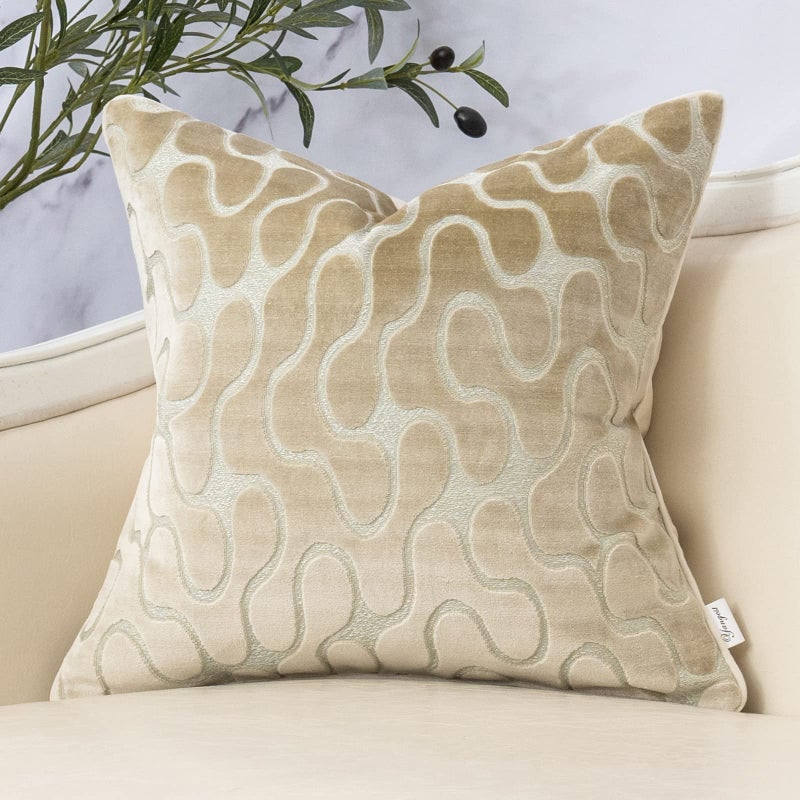 Yangest Beige Square Throw Pillow Cover Wavy Velvet Cushion Cover Modern Zippered Pillowcase for Sofa Couch Bedroom Living Room Chair, 18 x 18 Inch - Image 1