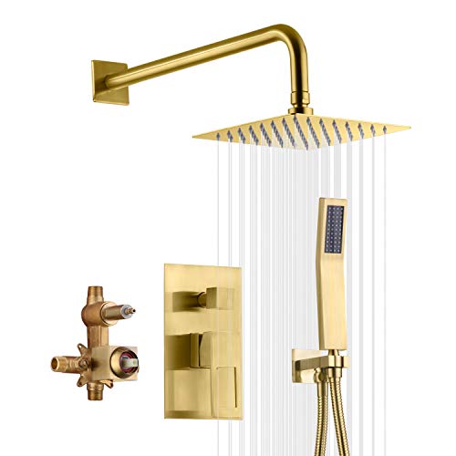 sumerain Brushed Gold Shower System Pressure Balance Shower Faucet, 8 Inches Square Rain Shower Head and Hand Shower, Including Rough-In Valve - Image 1