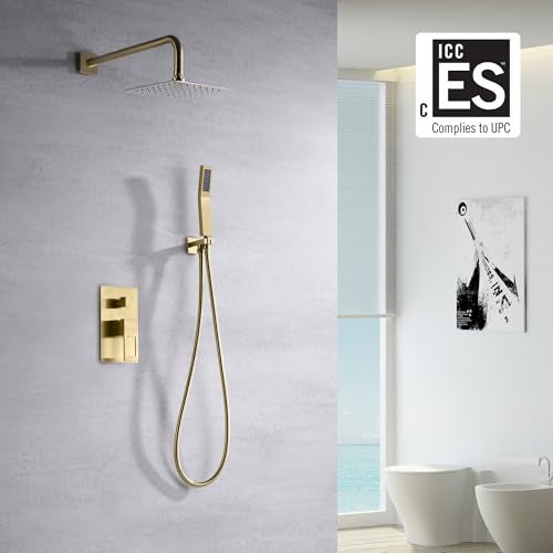 sumerain Brushed Gold Shower System Pressure Balance Shower Faucet, 8 Inches Square Rain Shower Head and Hand Shower, Including Rough-In Valve - Image 2