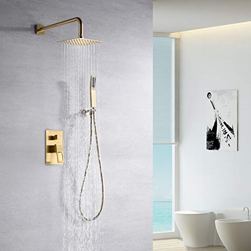 sumerain Brushed Gold Shower System Pressure Balance Shower Faucet, 8 Inches Square Rain Shower Head and Hand Shower, Including Rough-In Valve - Image 3