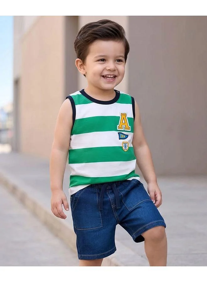 Babyhug Babyhug Single Jersey Knit Sleeveless T-Shirt and Denim Shorts Set with Patch Detailing and Stripes - Blue and Green