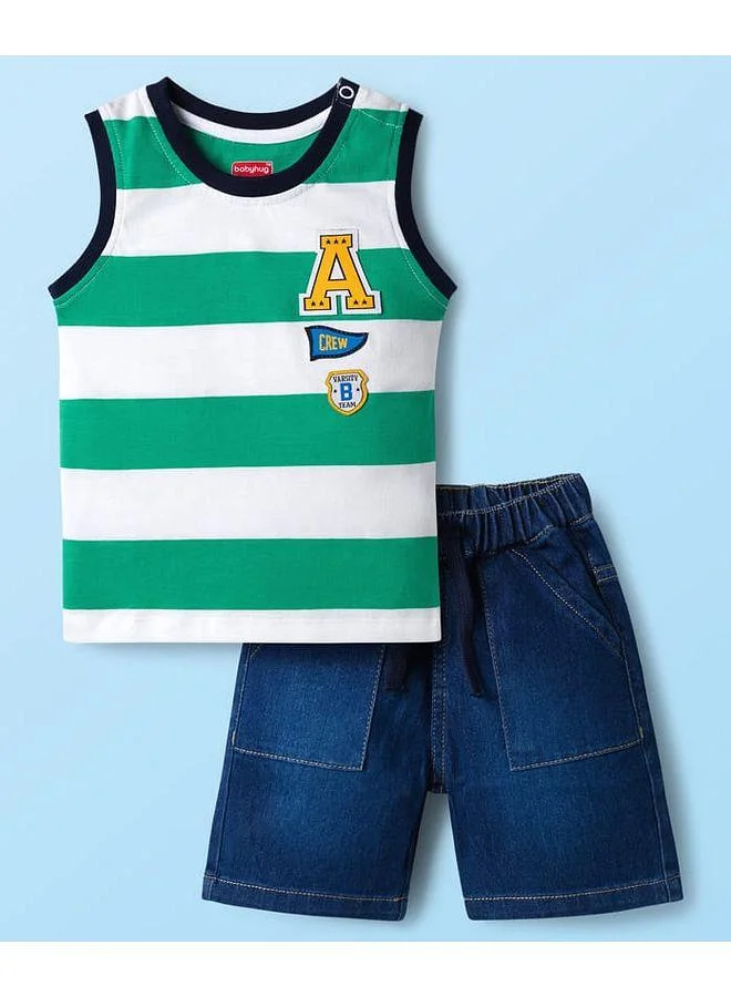 Babyhug Babyhug Single Jersey Knit Sleeveless T-Shirt and Denim Shorts Set with Patch Detailing and Stripes - Blue and Green