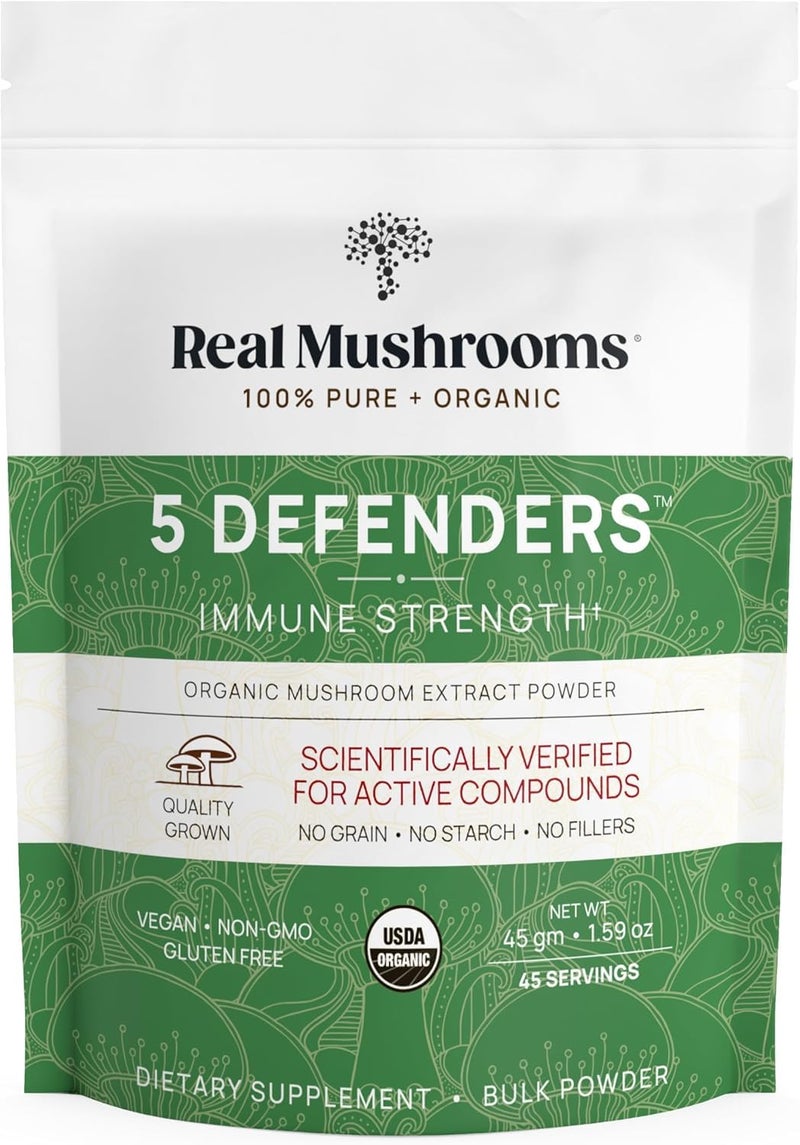 Real Mushrooms 5 Defenders Powder Organic Mushroom Extract wChaga Shiitake Maitake Turkey Tail Reishi Supplement Vegan NonGMO 45 Servings