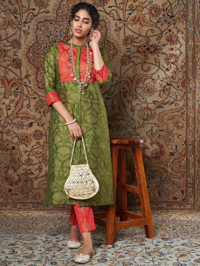 PRASHA Women Green Floral Yoke Design Kurta with Trouser - Image 1