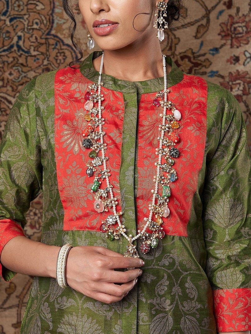 PRASHA Women Green Floral Yoke Design Kurta with Trouser - Image 2