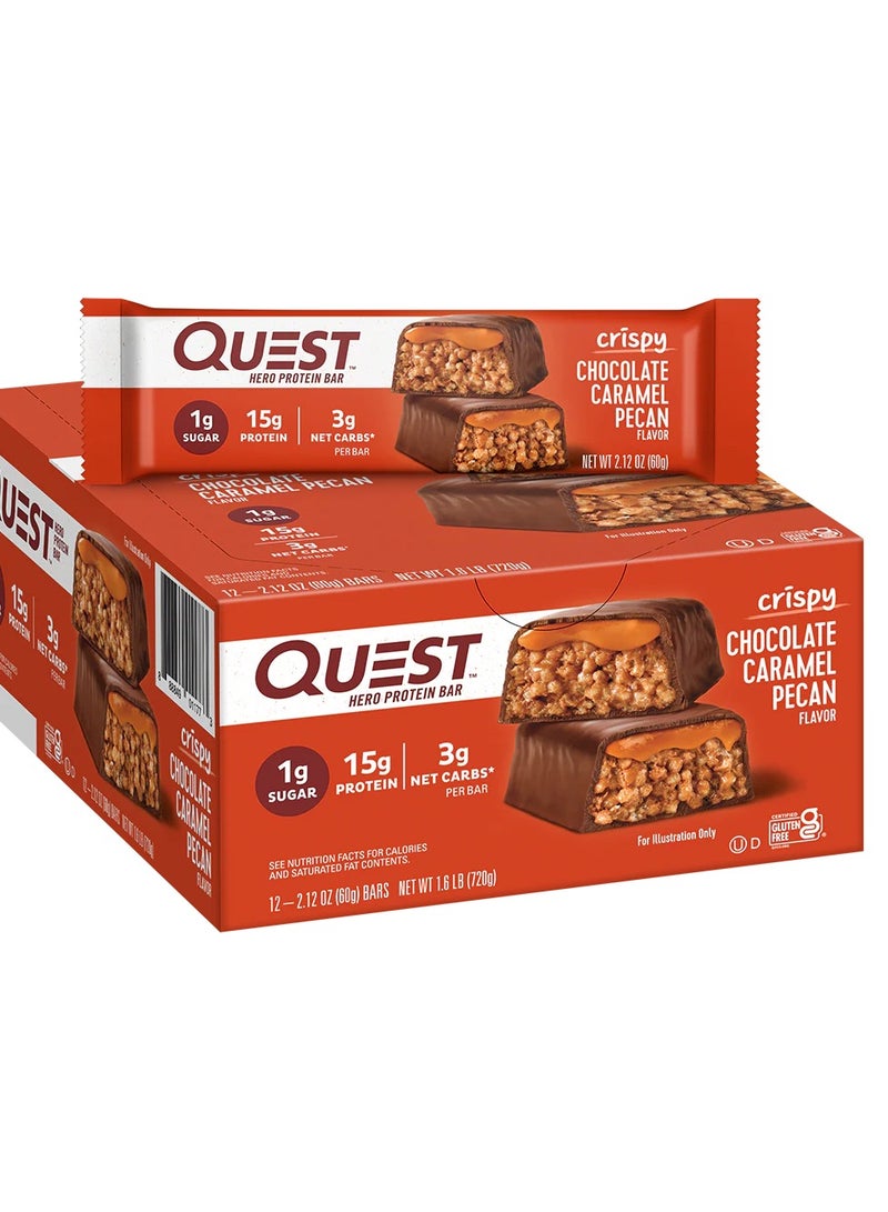 Quest Nutrition Quest Hero Protein Bar – Chocolate Caramel Pecan Flavor, High Protein, Low Sugar, Gluten-Free, 60g (Box of 12 Bars) - Image 1